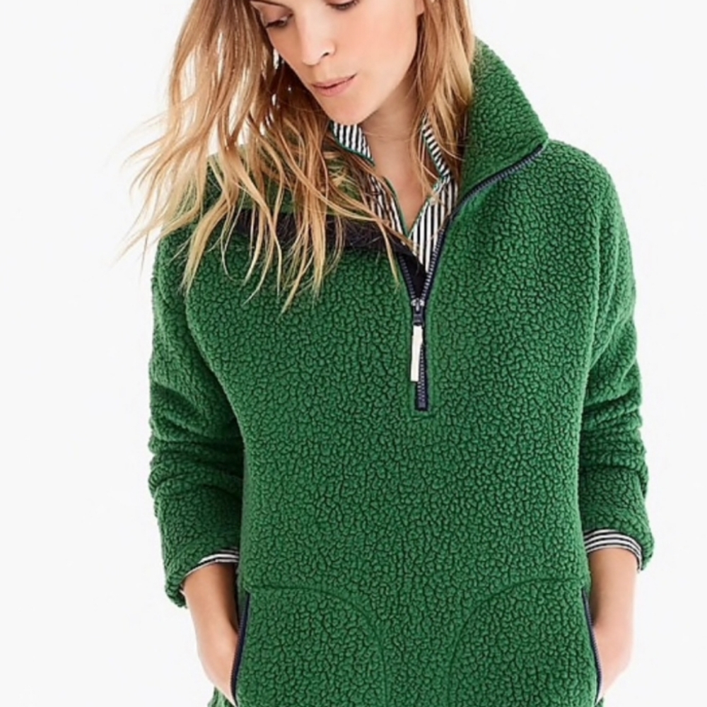 J. Crew Green Sherpa Half-Zip Pullover Sweater